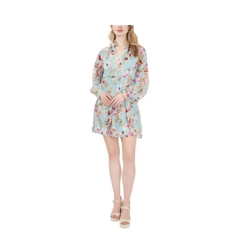 Sam And Jess L Summer Mini Dress Long Sleeve Blue Floral NWT